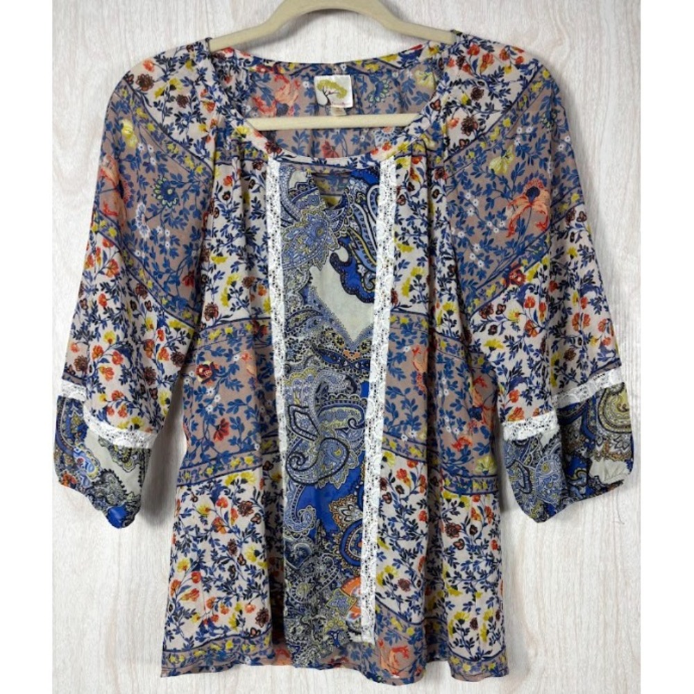 Anthropologie Fig & Flower Top Womens S Sheer‎ Floral 3/4 Sleeve Boho Blouse